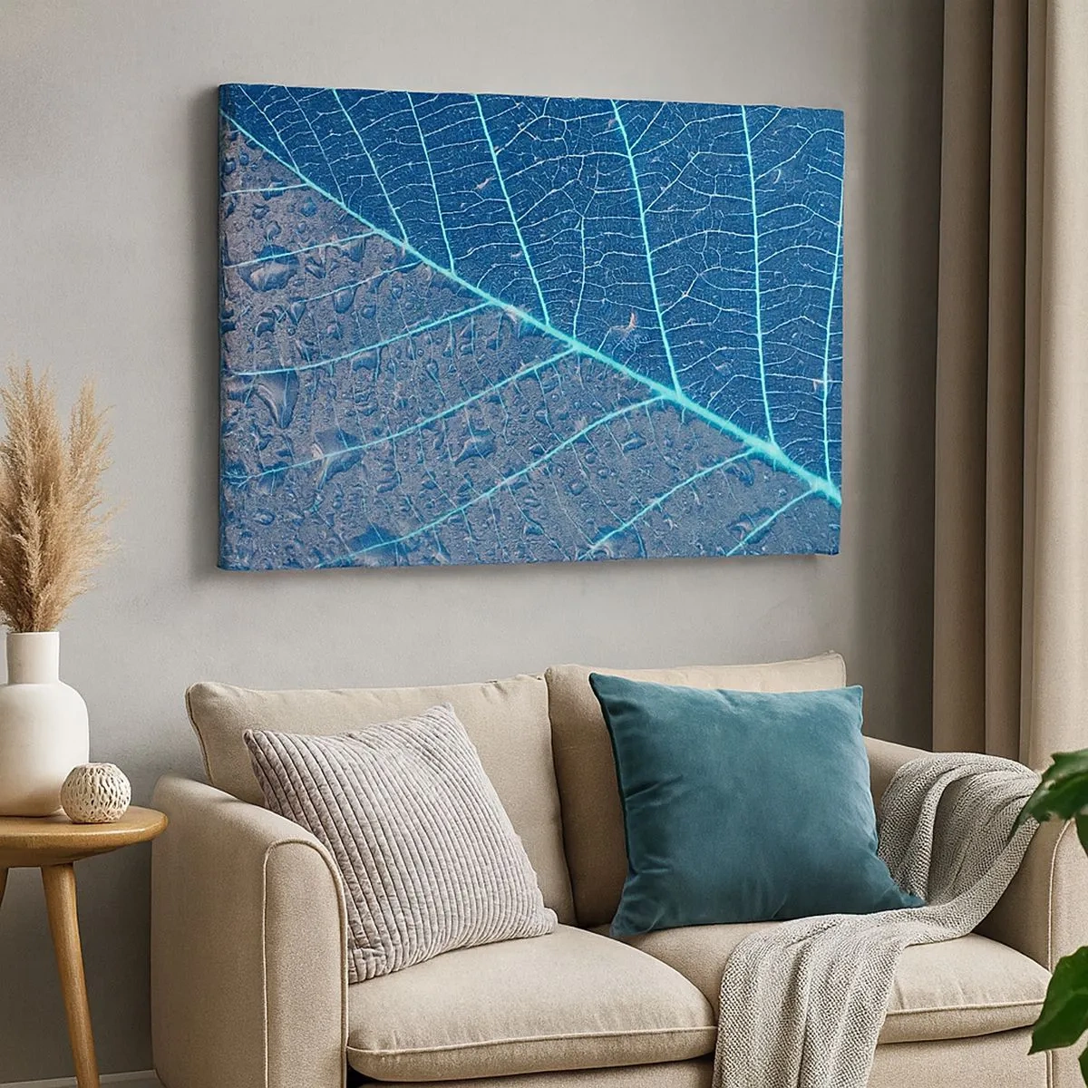Cuadro sobre lienzo - Impresión de Imagen - Una hoja en tonos azules con gotas de agua. - 70x50cm - Vida en el azul - Decoración de pared moderna para salón y dormitorio ARTTOR
