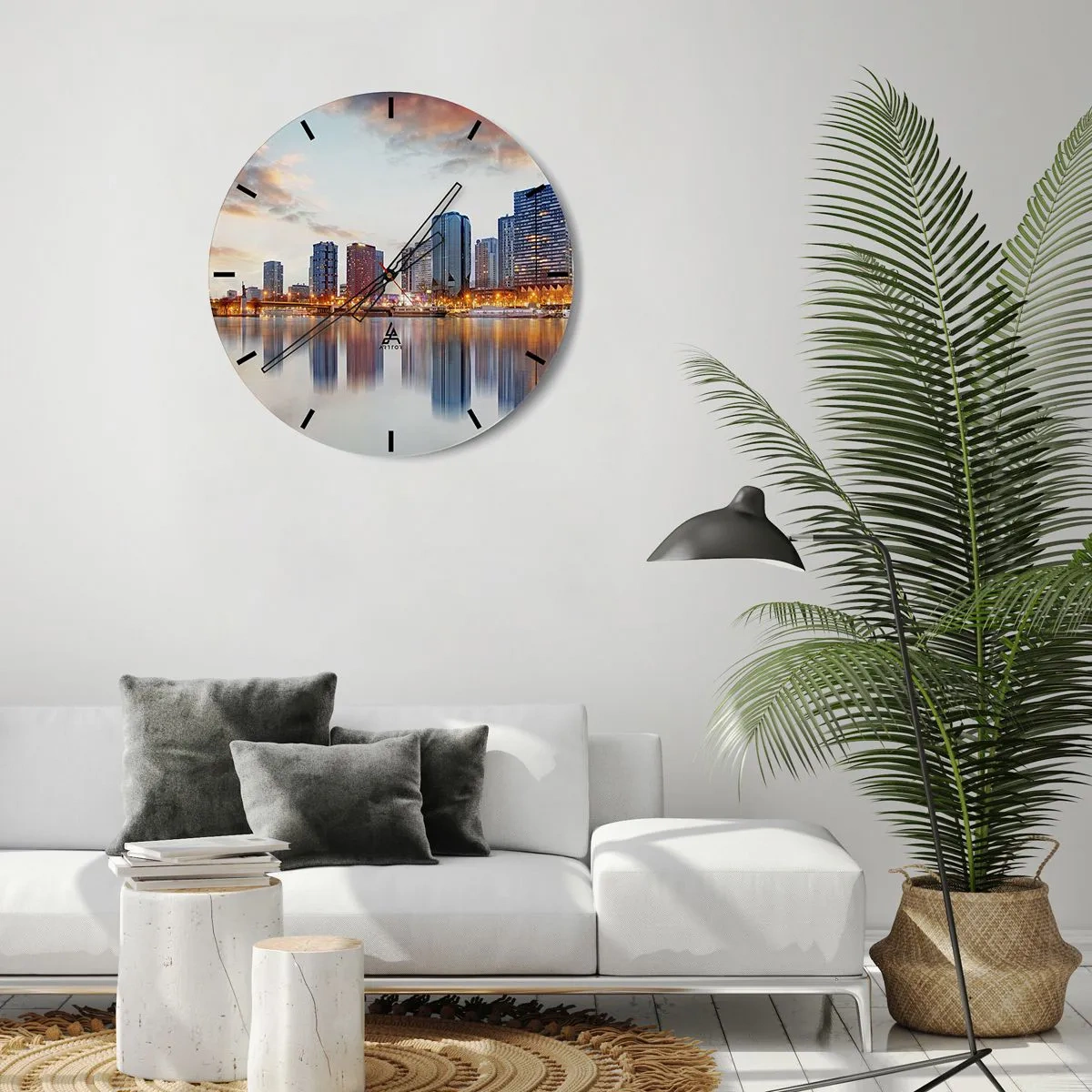 Reloj de pared - Reloj de vidrio - Panorama de la ciudad con reflejo en el agua. - 30x30cm - La calma monumental de París - Decoración de pared moderna para salón, cocina y dormitorio ARTTOR