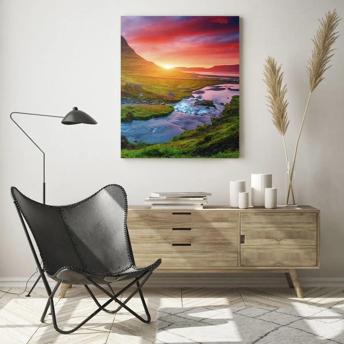 Cuadro sobre vidrio - Impresiones sobre Vidrio - Cascada pintoresca y montaña al atardecer - 70x100cm - Islandia - fuego y agua - Decoración de pared moderna para salón y dormitorio ARTTOR