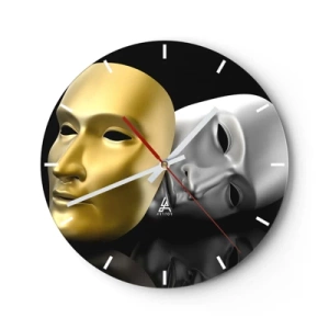 Reloj de pared - Reloj de vidrio - Máscara de teatro dorada y plateada sobre fondo negro. - 30x30cm - La vida es un teatro - Decoración de pared moderna para salón, cocina y dormitorio ARTTOR