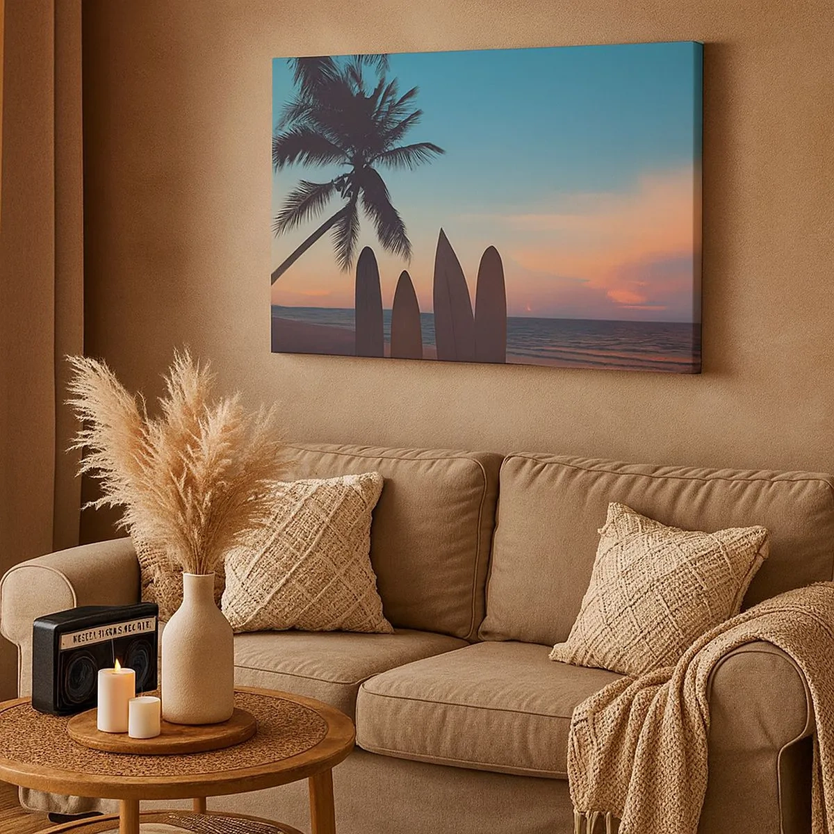 Cuadro sobre lienzo - Impresión de Imagen - Tablas de surf con una palmera y una puesta de sol como telón de fondo - 70x50cm - Mañana también disfrutaremos - Decoración de pared moderna para salón y dormitorio ARTTOR