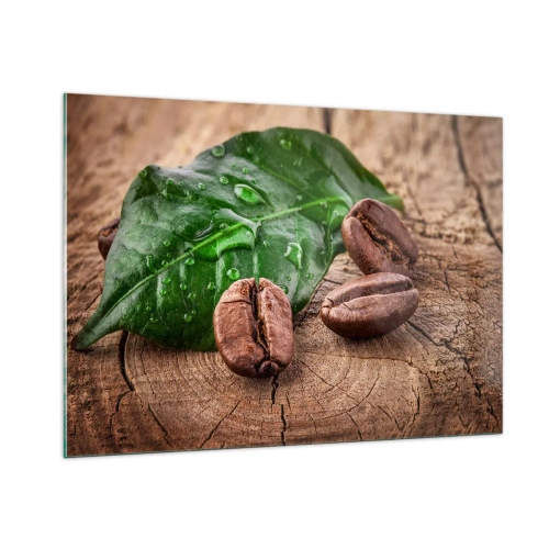 Cuadro sobre vidrio - Impresiones sobre Vidrio - Granos de café sobre un fondo de hojas y madera. - 100x70cm - El auténtico y negro - Decoración de pared moderna para salón y dormitorio ARTTOR