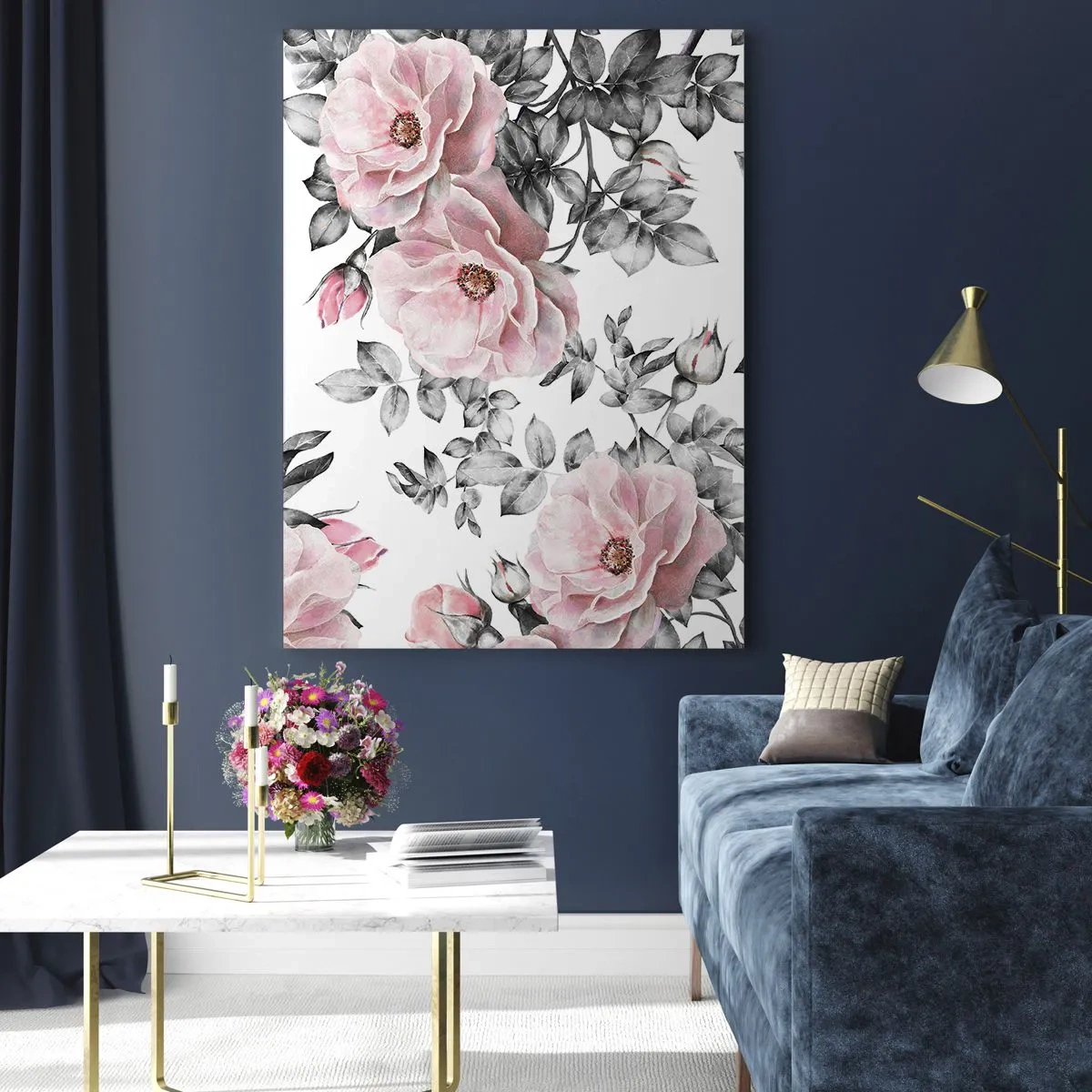 Cuadro sobre vidrio - Impresiones sobre Vidrio - Rosas rosas y hojas sobre un delicado fondo blanco y negro. - 80x120cm - Entre las rosas - Decoración de pared moderna para salón y dormitorio ARTTOR