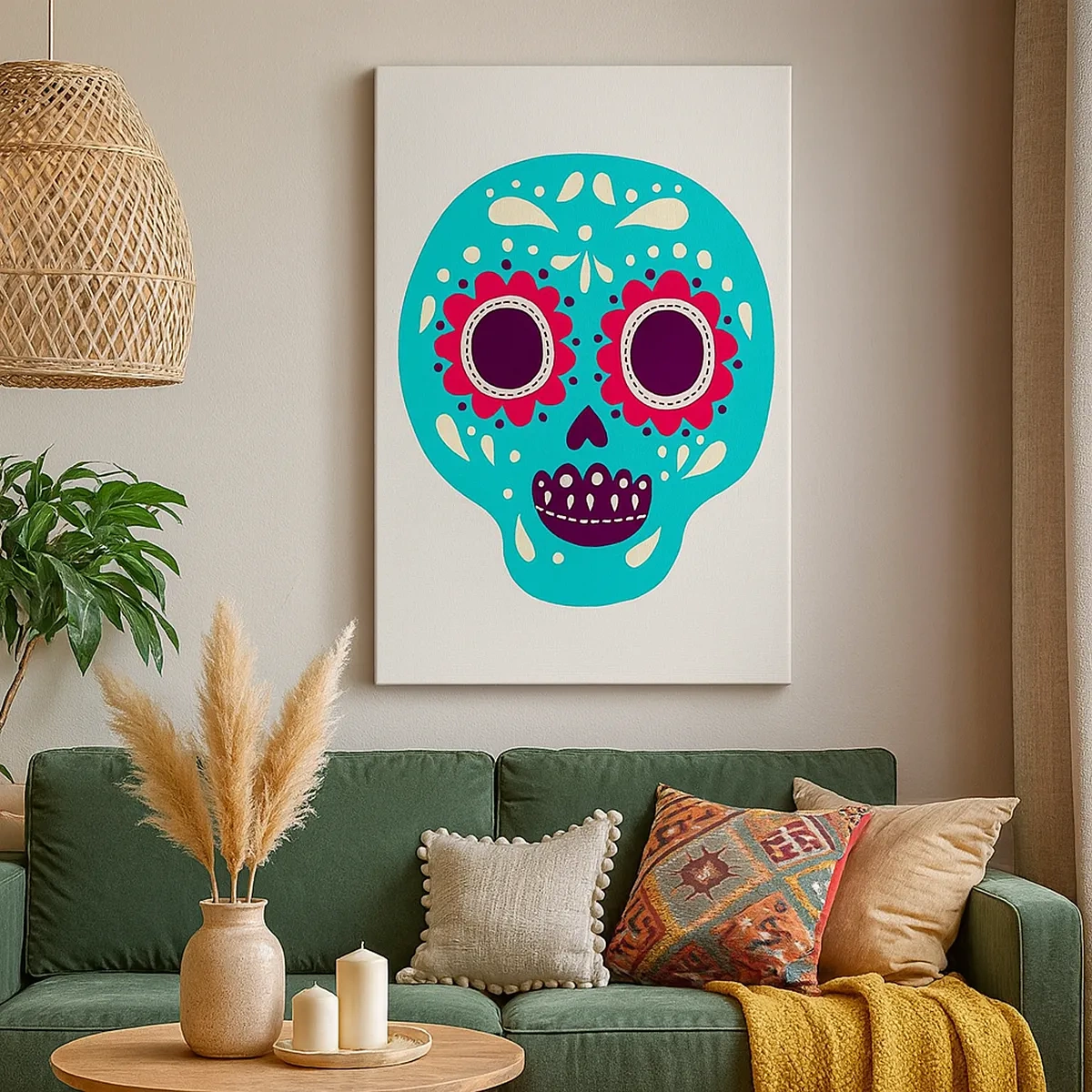 Cuadro sobre lienzo - Impresión de Imagen - Una calavera de azúcar turquesa y morada inspirada en la cultura mexicana. - 50x70cm - La vida: diversión hasta la muerte - Decoración de pared moderna para salón y dormitorio ARTTOR