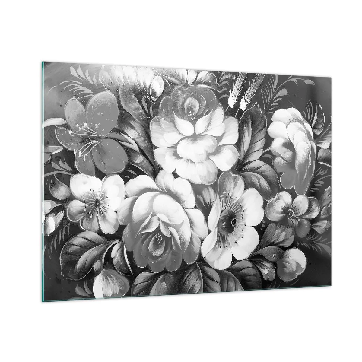 Cuadro sobre vidrio - Impresiones sobre Vidrio - Un elegante ramo de flores en tonos grises. - 100x70cm - Hermoso incluso en el gris - Decoración de pared moderna para salón y dormitorio ARTTOR
