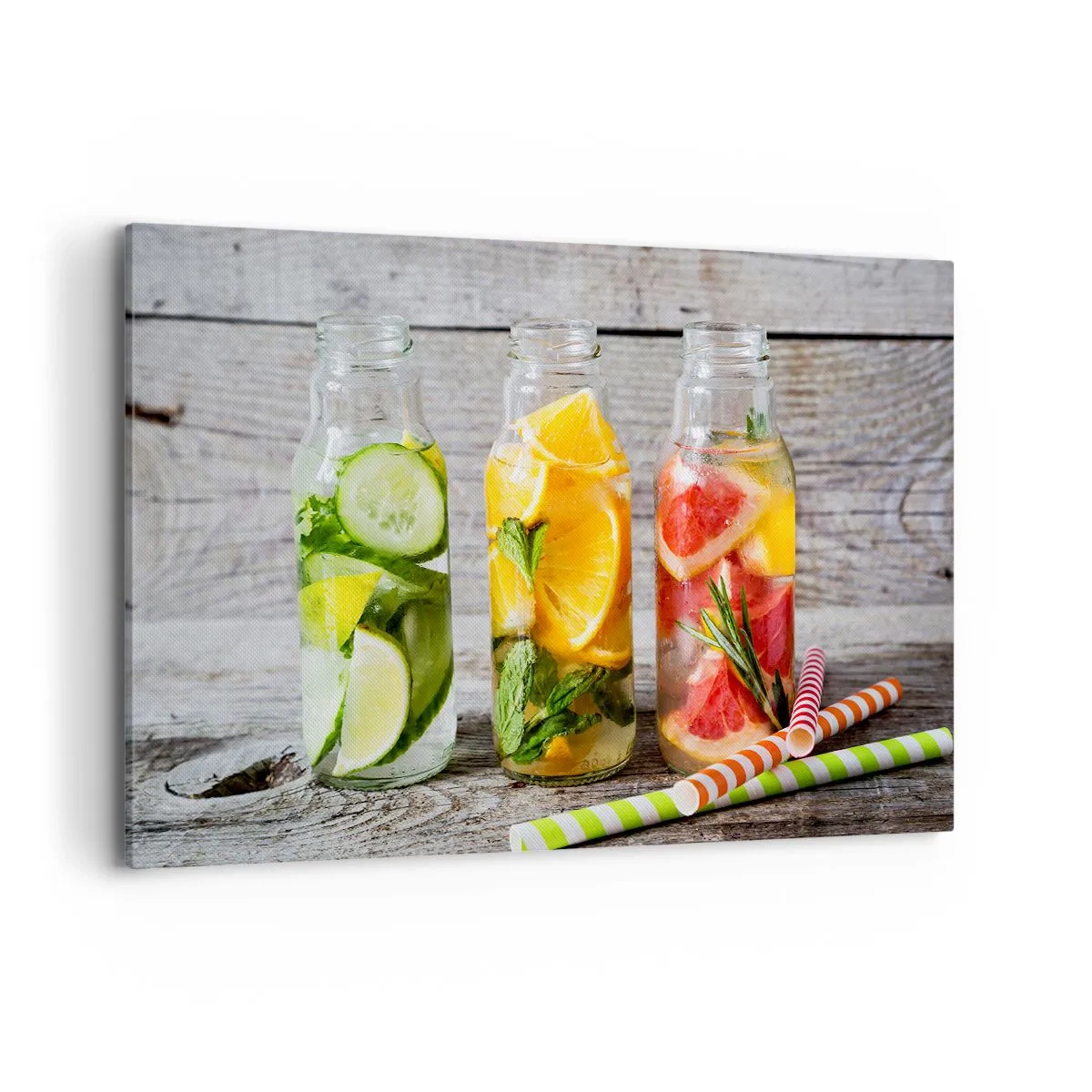 Cuadro sobre lienzo - Impresión de Imagen - Botellas de agua de frutas y hierbas sobre un fondo de madera. - 120x80cm - Saludable por naturaleza - Decoración de pared moderna para salón y dormitorio ARTTOR