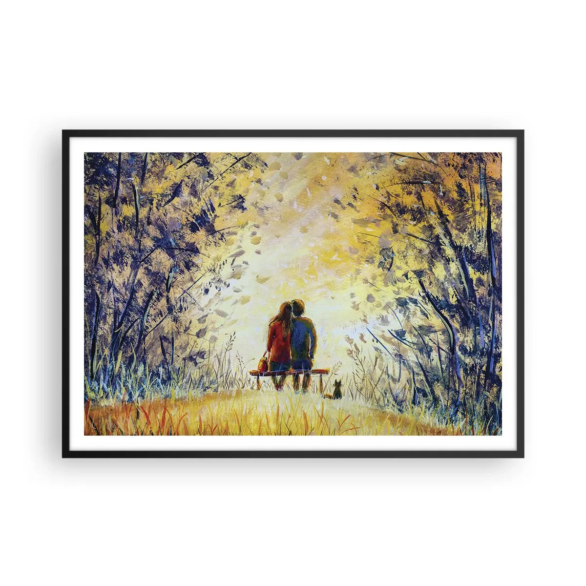 Póster en marco negro - Una pareja sentada en un banco entre árboles otoñales bajo la luz del sol. - 100x70cm - Un momento mágico - Decoración de pared moderna para salón y dormitorio ARTTOR
