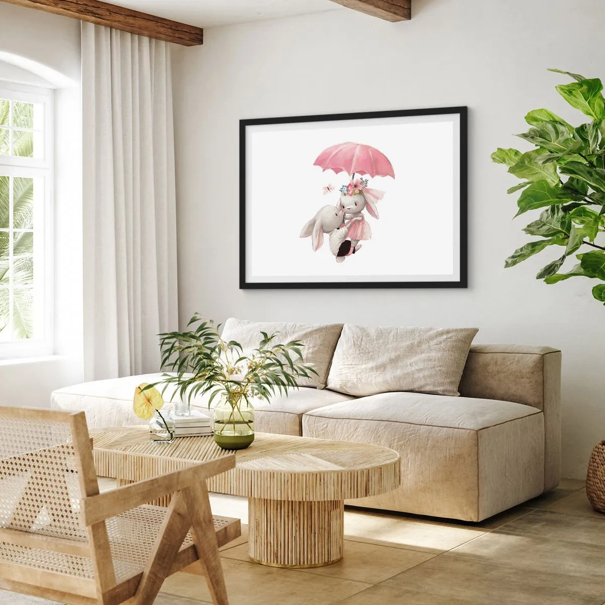 Póster en marco negro - Lindos conejitos bajo una sombrilla rosa - 70x50cm - Esto es amor - Decoración de pared moderna para salón y dormitorio ARTTOR