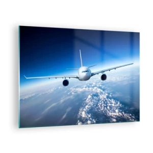 Cuadro sobre vidrio - Impresiones sobre Vidrio - Un avión de pasajeros contra un cielo azul y nubes. - 70x50cm - Vuelo porque quiero - Decoración de pared moderna para salón y dormitorio ARTTOR