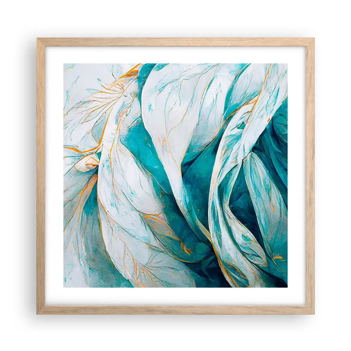 Póster en marco roble claro - Abstracción azul con motivos dorados - 50x50 cm