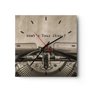 Reloj de pared - Reloj de vidrio - Una máquina de escribir con las palabras ¿Cuál es tu historia? - 30x30cm - Solo espero una respuesta - Decoración de pared moderna para salón y dormitorio ARTTOR
