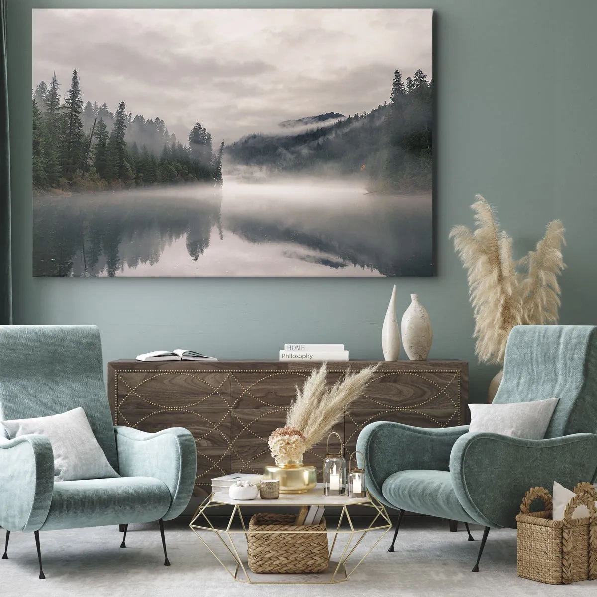 Cuadro sobre lienzo - Impresión de Imagen - Un bosque brumoso reflejado en un lago tranquilo. - 70x50cm - En el ensueño, en la niebla - Decoración de pared moderna para salón y dormitorio ARTTOR