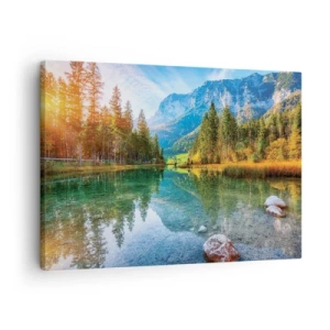 Cuadro sobre lienzo - Impresión de Imagen - Un pintoresco lago rodeado de montañas y bosques. - 70x50cm - La dulzura del otoño - Decoración de pared moderna para salón y dormitorio ARTTOR