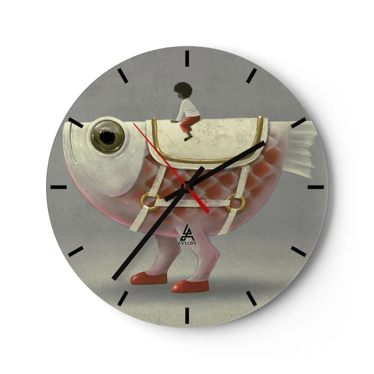Reloj de pared - Reloj de vidrio - Una figura de un gran pez con silla de montar y botas sobre un fondo gris. - 30x30cm - Jinete del pescado - Decoración de pared moderna para salón, cocina y dormitorio ARTTOR