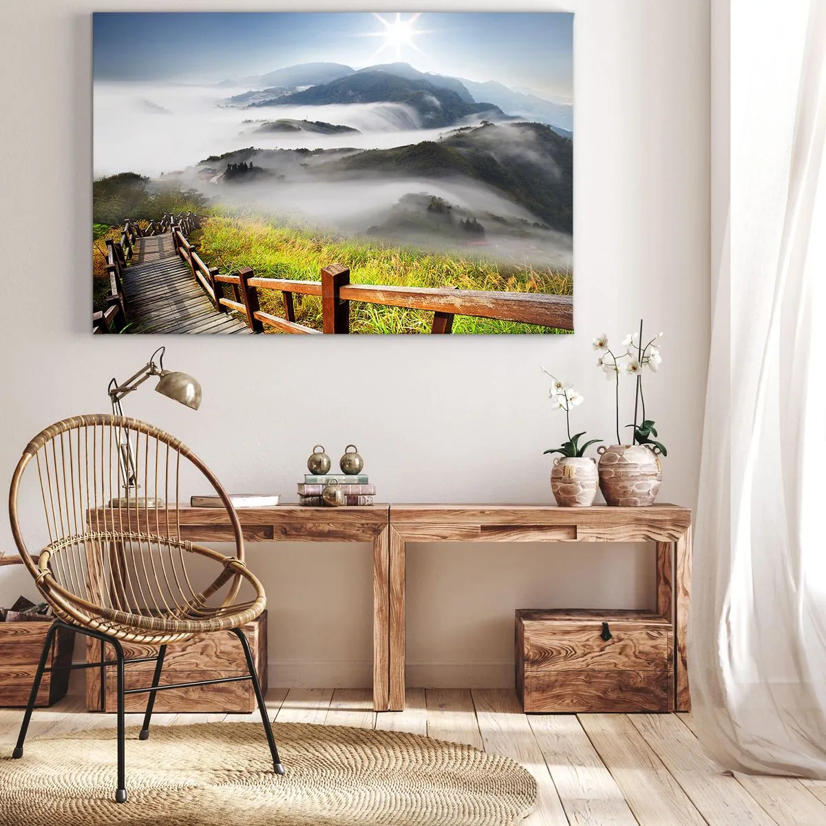Cuadro sobre lienzo - Impresión de Imagen - Un sendero de madera entre las montañas brumosas por la mañana. - 70x50cm - Tejido de resplandor y niebla - Decoración de pared moderna para salón y dormitorio ARTTOR