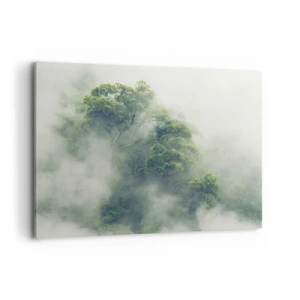 Cuadro sobre lienzo - Impresión de Imagen - Árboles verdes en una espesa niebla contra un fondo natural - 100x70cm - Envuelto en niebla - Decoración de pared moderna para salón y dormitorio ARTTOR