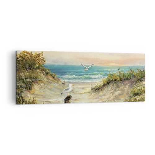 Cuadro sobre lienzo - Impresión de Imagen - Costa con gaviotas y dunas al atardecer - 140x50cm - Un retiro ventoso - Decoración de pared moderna para salón y dormitorio ARTTOR