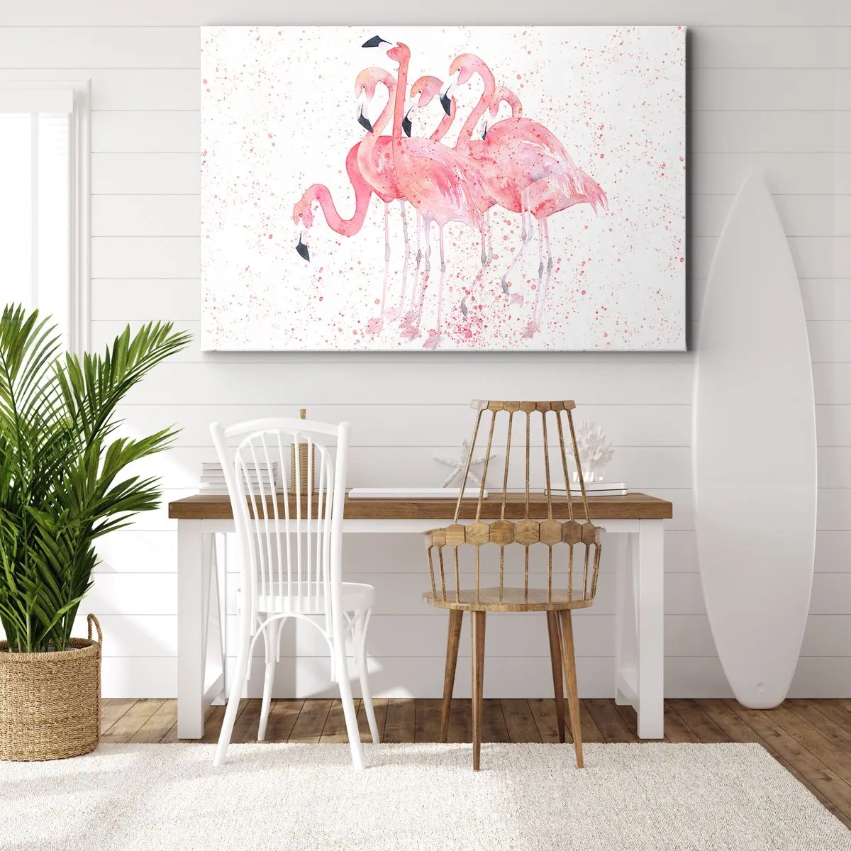Cuadro sobre lienzo - Impresión de Imagen - Flamencos rosados en un estilo artístico de acuarela. - 100x70cm - Asamblea rosa - Decoración de pared moderna para salón y dormitorio ARTTOR