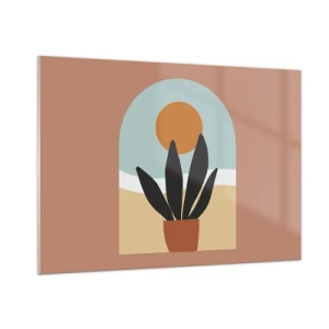 Cuadro sobre vidrio - Impresiones sobre Vidrio - Una escena abstracta con una planta en maceta y el sol al fondo, en colores pastel. - 100x70cm - Pequeñas alegrías - Decoración de pared moderna para salón y dormitorio ARTTOR