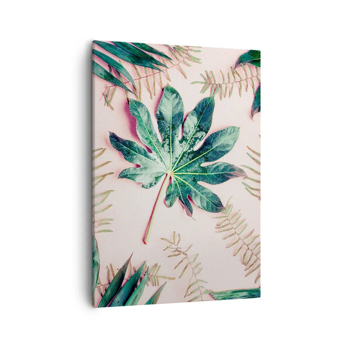 Cuadro sobre lienzo - Impresión de Imagen - Hojas tropicales sobre un fondo pastel claro. - 50x70cm - Estudio de vegetación sobre fondo rosa - Decoración de pared moderna para salón y dormitorio ARTTOR