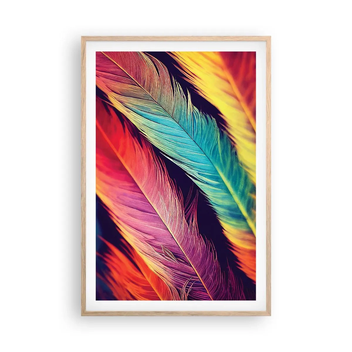 Póster en marco roble claro - Arco iris plumoso - 61x91 cm