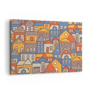 Cuadro sobre lienzo - Impresión de Imagen - Casas coloridas en estilo gráfico sobre un fondo claro. - 100x70cm - Casa tras casa - Decoración de pared moderna para salón y dormitorio ARTTOR