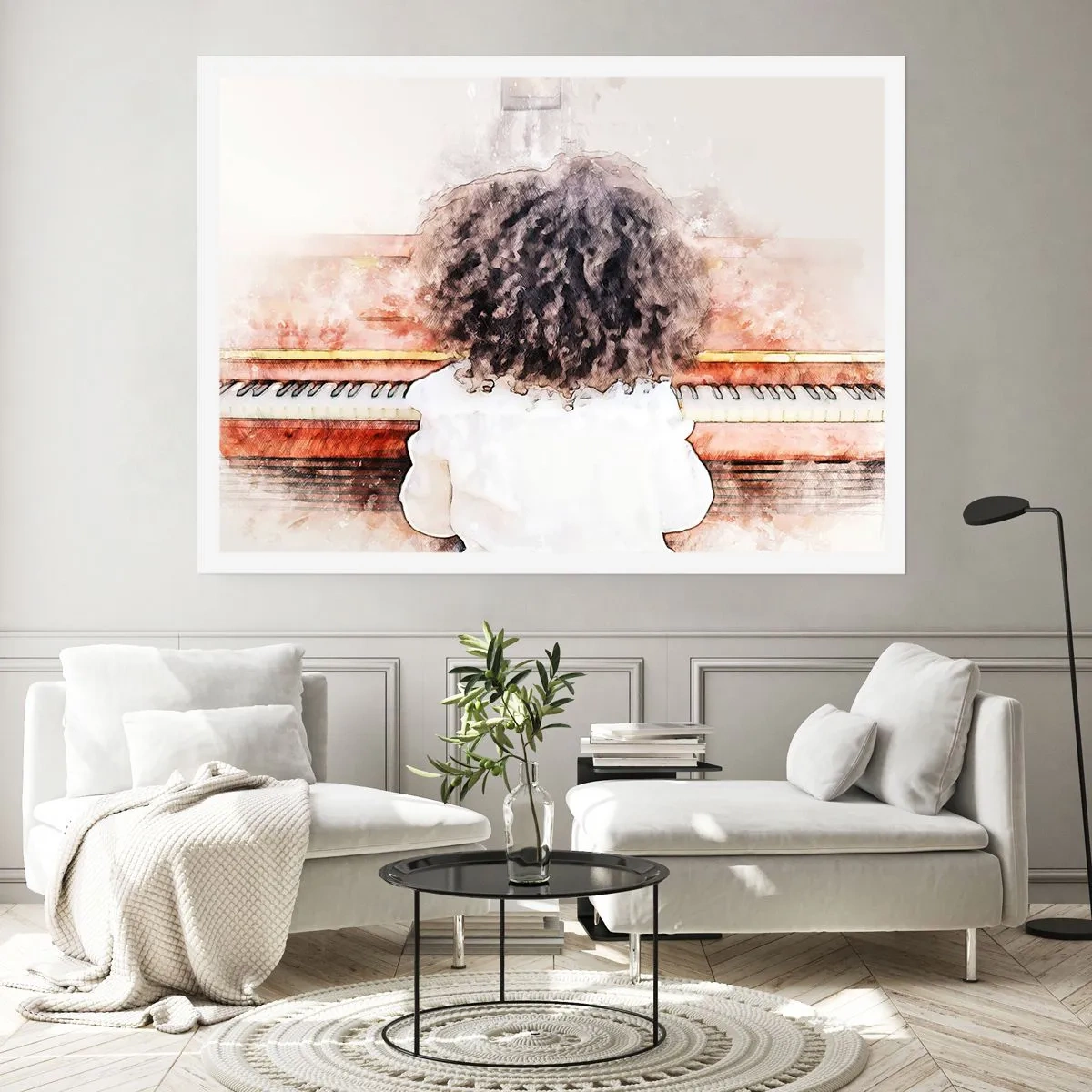 Póster - Una chica con cabello tupido al piano - 100x70cm - Descubriendo un mundo nuevo - Decoración de pared moderna para salón y dormitorio ARTTOR