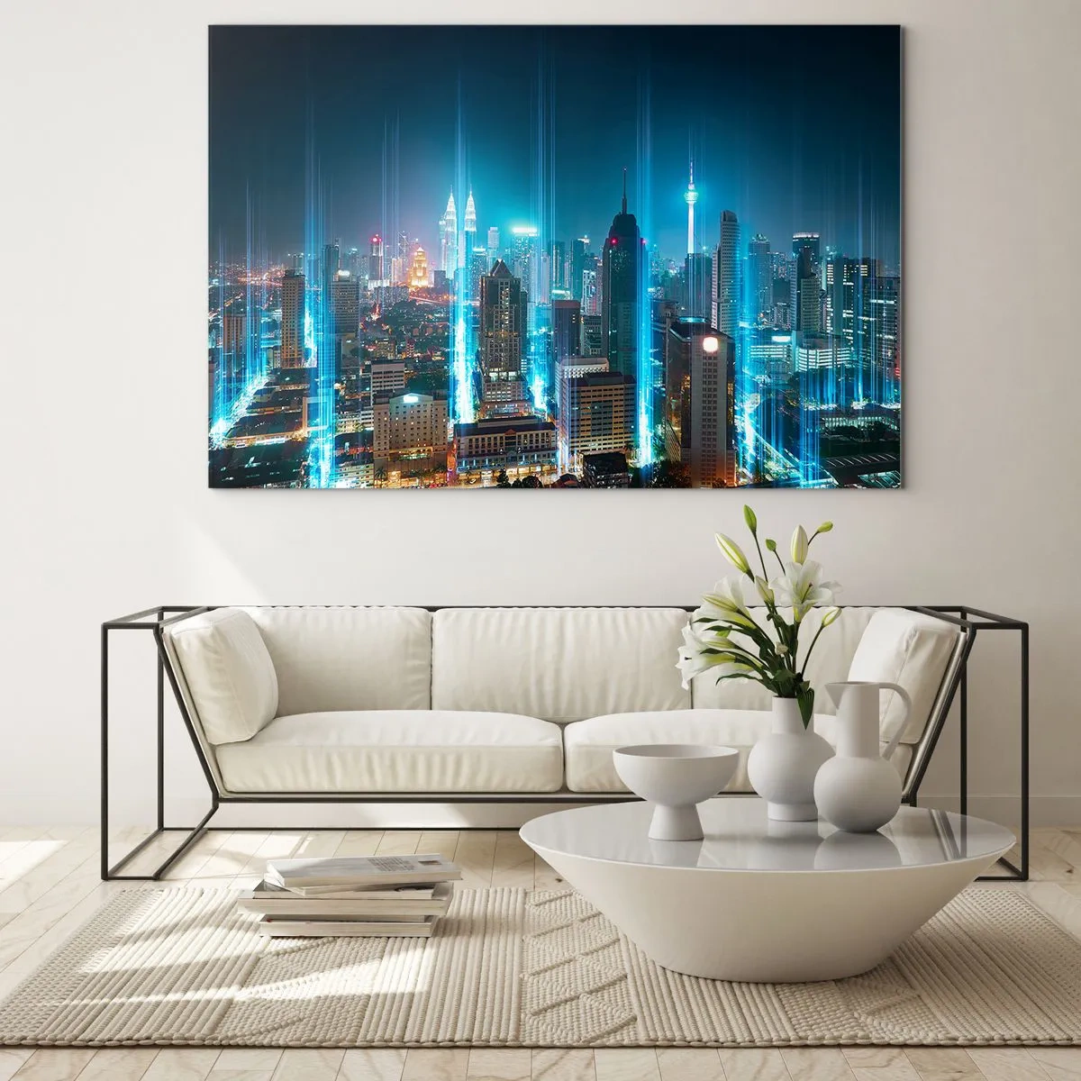 Cuadro sobre vidrio - Impresiones sobre Vidrio - Una ciudad nocturna con edificios altos y rayos de luz. - 70x50cm - De Berlín al cielo - Decoración de pared moderna para salón y dormitorio ARTTOR