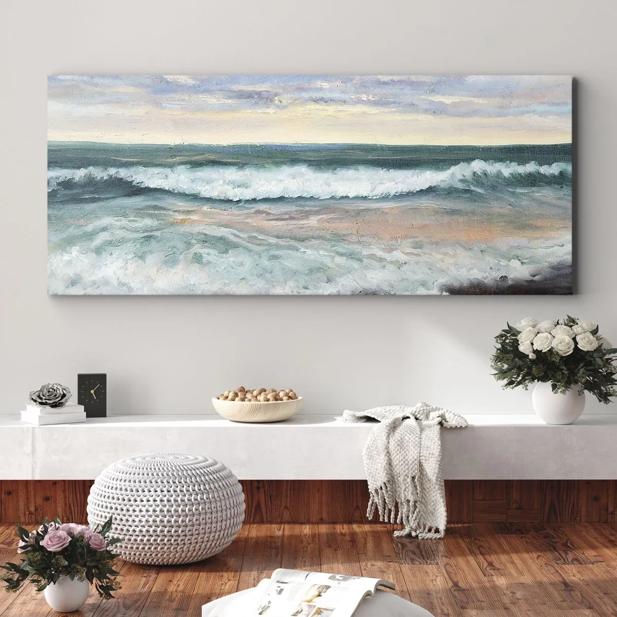 Cuadro sobre lienzo - Impresión de Imagen - Olas del mar contra un cielo nublado al atardecer - 140x50cm - Aquí suavizarás tu alma - Decoración de pared moderna para salón y dormitorio ARTTOR
