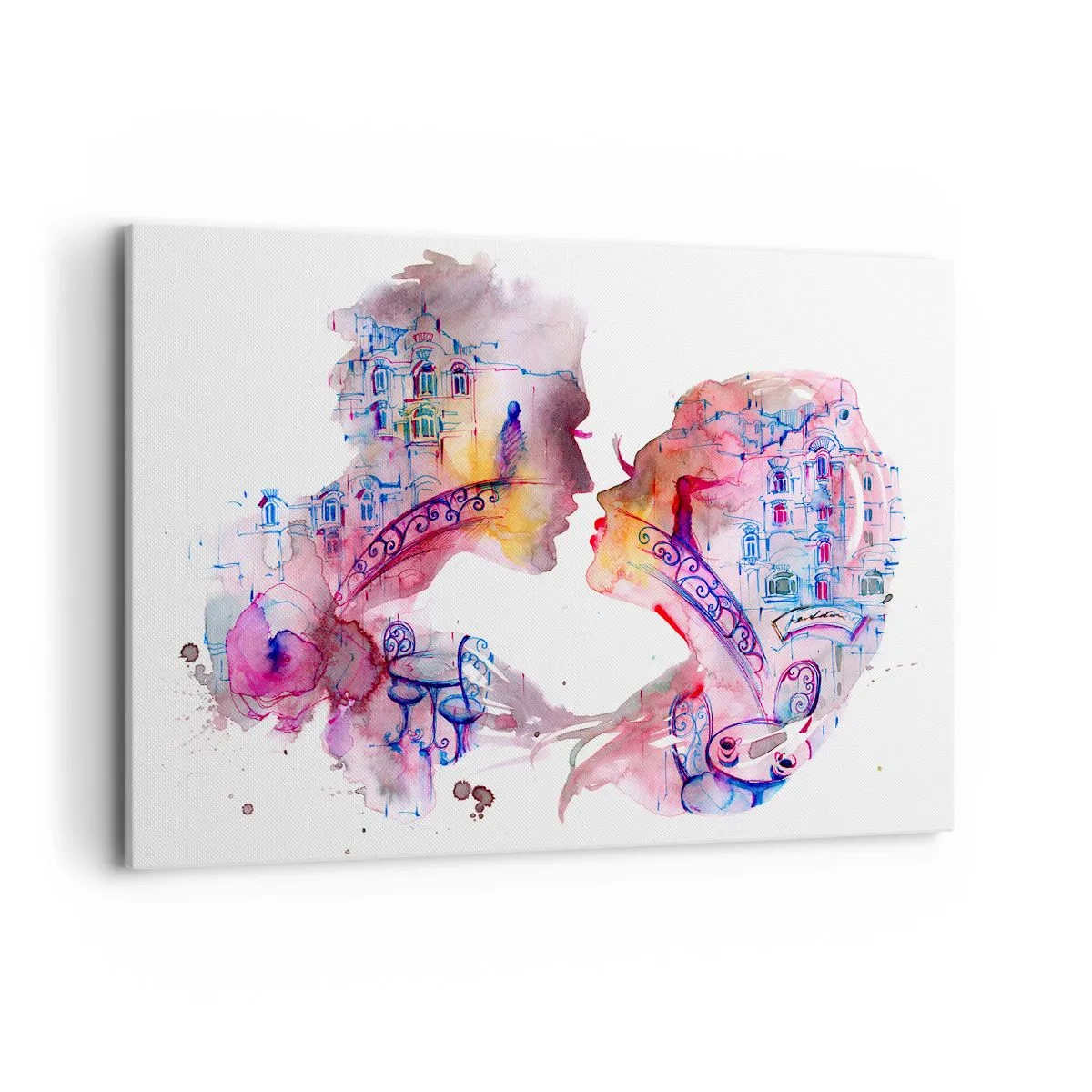 Cuadro sobre lienzo - Impresión de Imagen - Una acuarela romántica que representa las siluetas de los amantes. - 120x80cm - Un puente secreto de suspiros - Decoración de pared moderna para salón y dormitorio ARTTOR