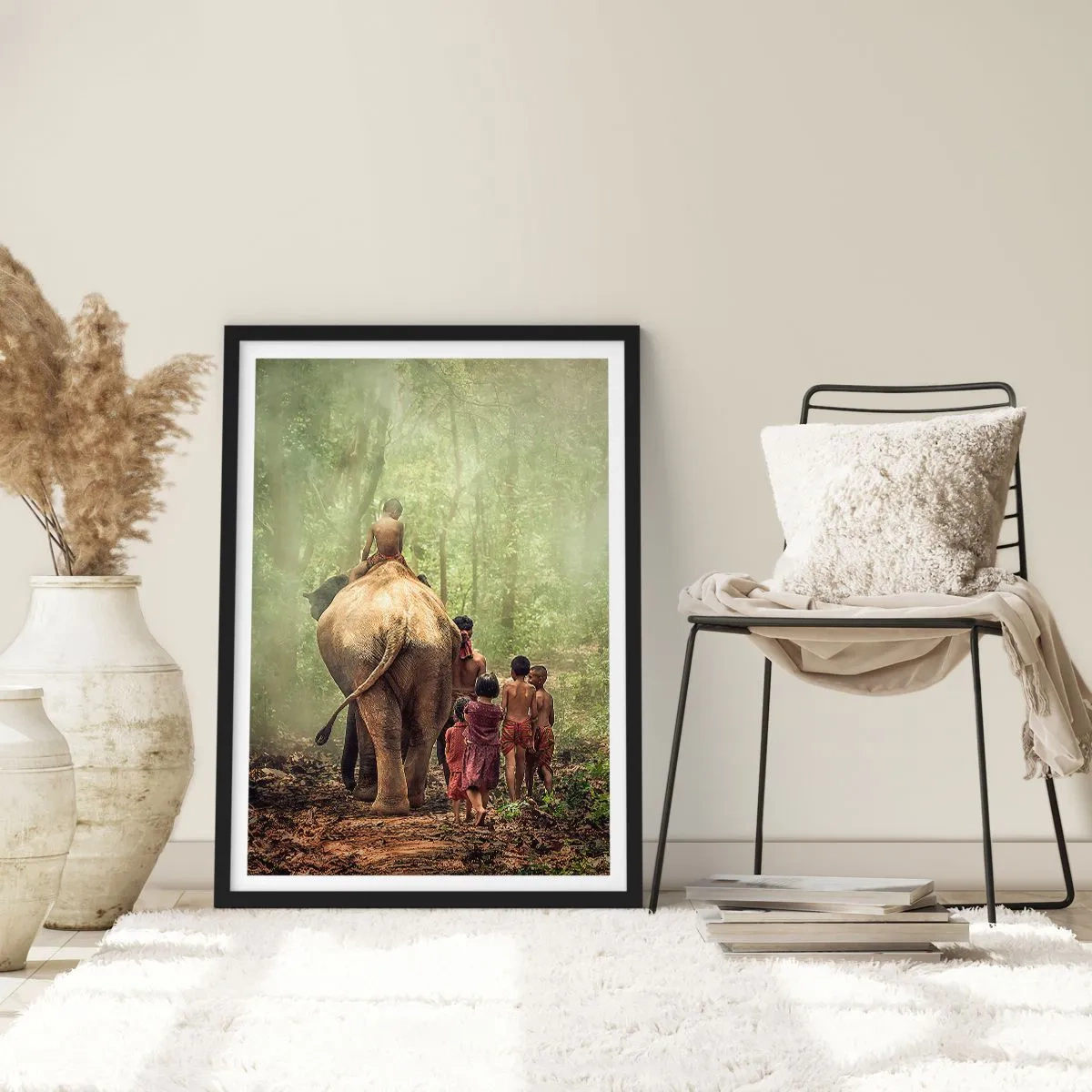 Póster en marco negro - Niños y un elefante en la selva tropical. - 50x70cm - El nuevo libro de la selva - Decoración de pared moderna para salón y dormitorio ARTTOR