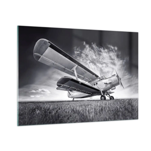 Cuadro sobre vidrio - Impresiones sobre Vidrio - Una fotografía en blanco y negro de un avión contra un cielo espectacular. - 100x70cm - El vagamundo alado - Decoración de pared moderna para salón y dormitorio ARTTOR