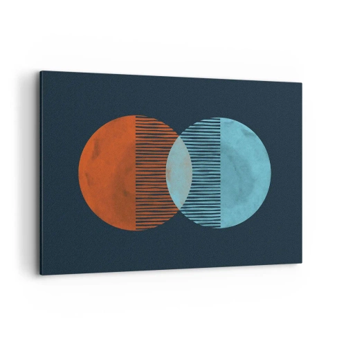 Cuadro sobre lienzo - Impresión de Imagen - Dos círculos naranjas y azules sobre un fondo oscuro. - 100x70cm - Fantasía astronómica - Decoración de pared moderna para salón y dormitorio ARTTOR