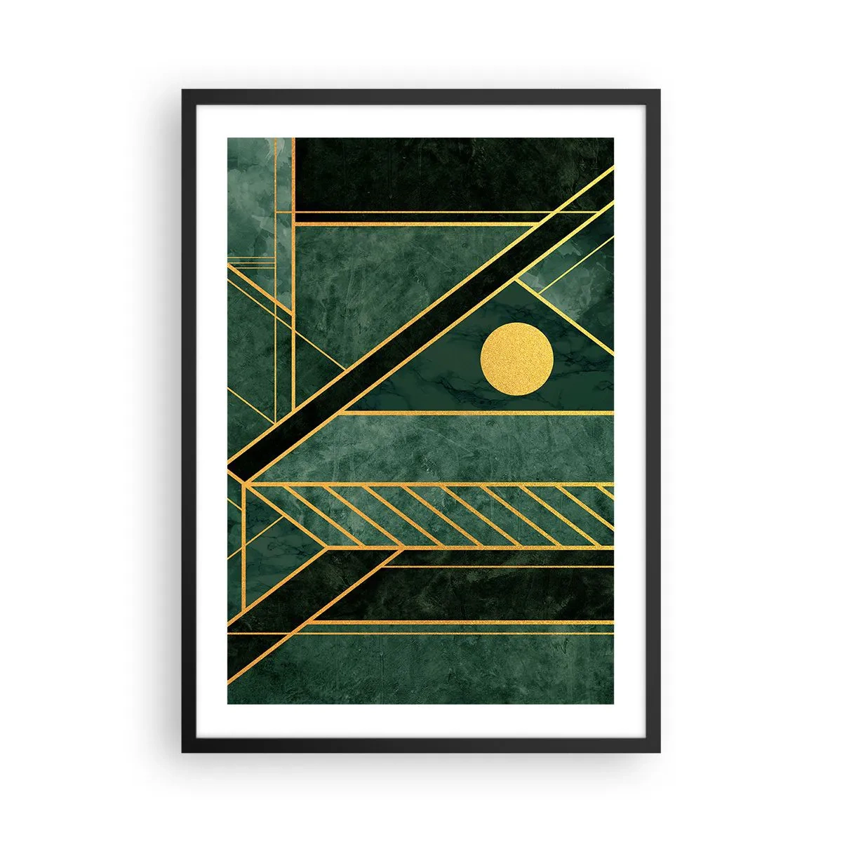 Póster en marco negro - Abstracción geométrica en verde con acentos dorados. - 50x70cm - La dinámica del oro y el azul - Decoración de pared moderna para salón y dormitorio ARTTOR