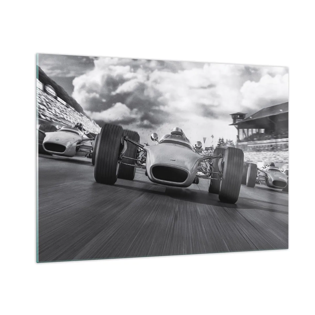 Cuadro sobre vidrio - Impresiones sobre Vidrio - Carrera de coches clásicos en una pista en blanco y negro - 100x70cm - ¡Hay poder! - Decoración de pared moderna para salón y dormitorio ARTTOR