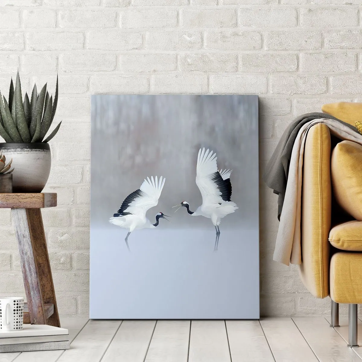 Cuadro sobre lienzo - Impresión de Imagen - Dos grullas bailando en un paisaje brumoso - 70x100cm - Danza en la niebla - Decoración de pared moderna para salón y dormitorio ARTTOR