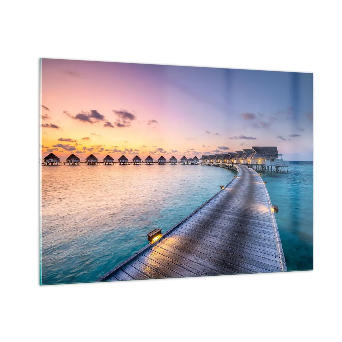 Cuadro sobre vidrio - Impresiones sobre Vidrio - Muelle de madera que conduce a cabañas de lujo frente al mar al atardecer - 100x70cm - Vacaciones - volver al origen - Decoración de pared moderna para salón y dormitorio ARTTOR