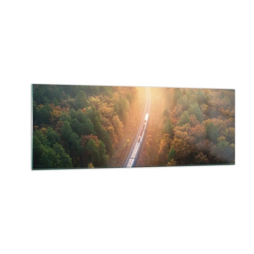 Cuadro sobre vidrio - Impresiones sobre Vidrio - Un tren en un bosque otoñal al amanecer. - 140x50cm - Un viaje otoñal - Decoración de pared moderna para salón y dormitorio ARTTOR