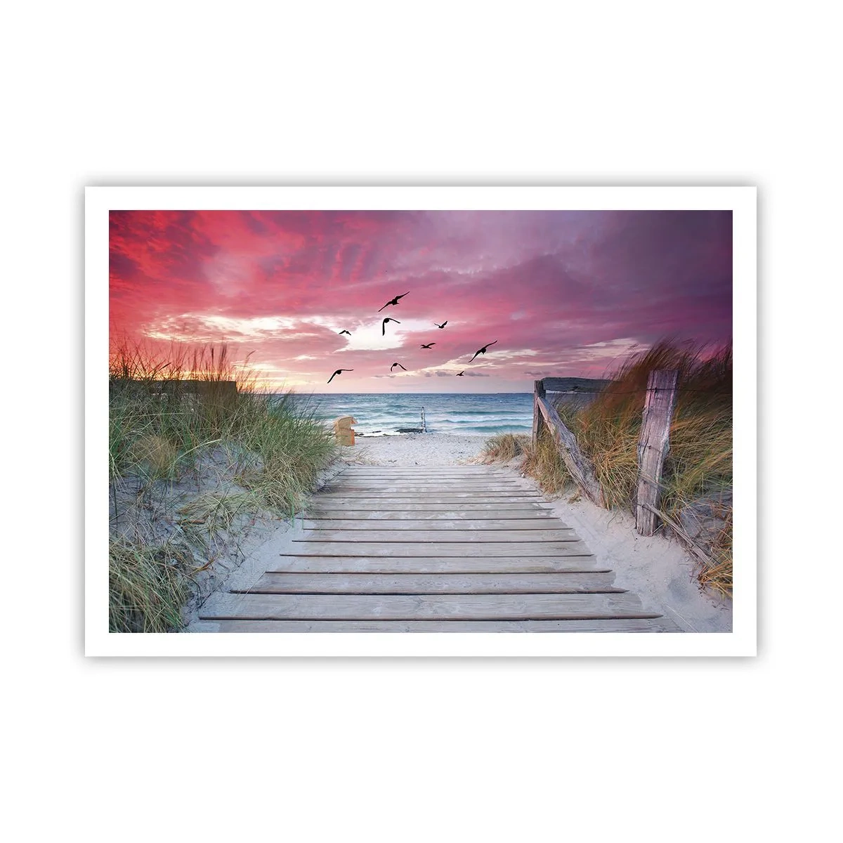 Póster - Camino de madera en la playa al atardecer rosa - 100x70cm - Impresión del Báltico - Decoración de pared moderna para salón y dormitorio ARTTOR