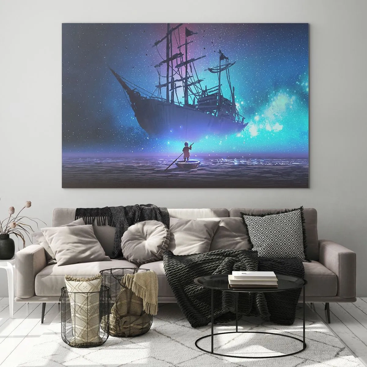Cuadro sobre vidrio - Impresiones sobre Vidrio - Un barco nocturno flotando sobre el agua en un aura mágica. - 100x70cm - El encuentro con el mito del mar - Decoración de pared moderna para salón y dormitorio ARTTOR