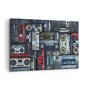 Cuadro sobre lienzo - Impresión de Imagen - Un collage de grabadoras retro y altavoces vintage. - 120x80cm - Nostalgia de los 80. - Decoración de pared moderna para salón y dormitorio ARTTOR