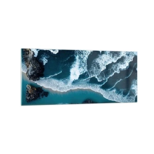 Cuadro sobre vidrio - Impresiones sobre Vidrio - Vista aérea de las olas rompiendo en la orilla - 120x50cm - Rodeadas por las olas - Decoración de pared moderna para salón y dormitorio ARTTOR