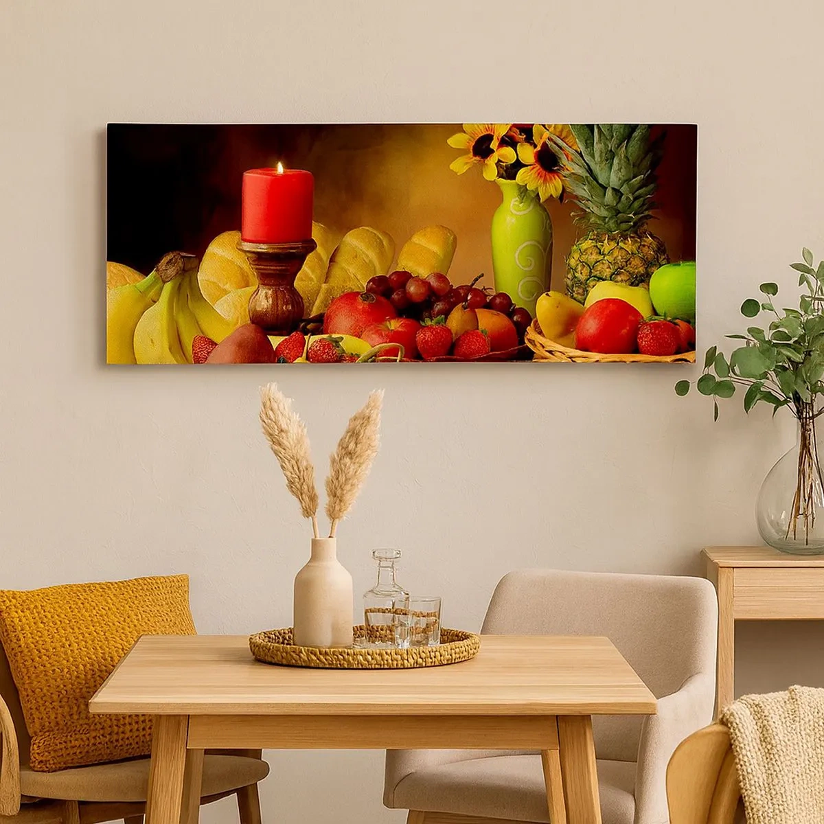 Cuadro sobre lienzo - Impresión de Imagen - Bodegón con pan y fruta - 100x40 cm