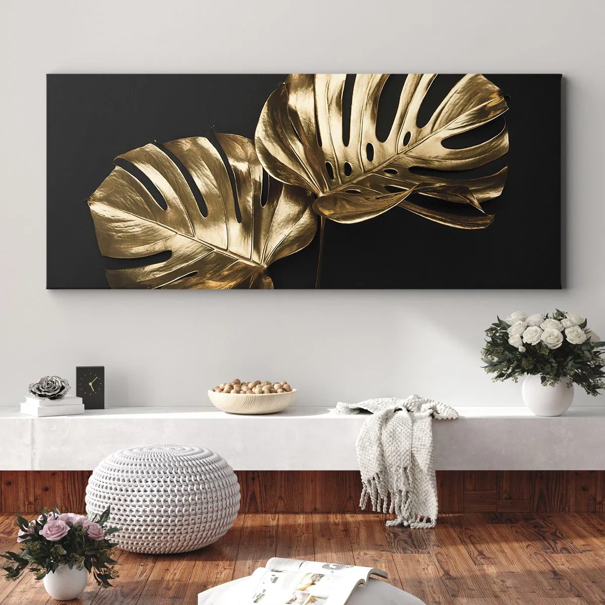 Cuadro sobre lienzo - Impresión de Imagen - Hojas de monstera doradas sobre fondo negro - 140x50cm - Tesoros de la naturaleza - Decoración de pared moderna para salón y dormitorio ARTTOR