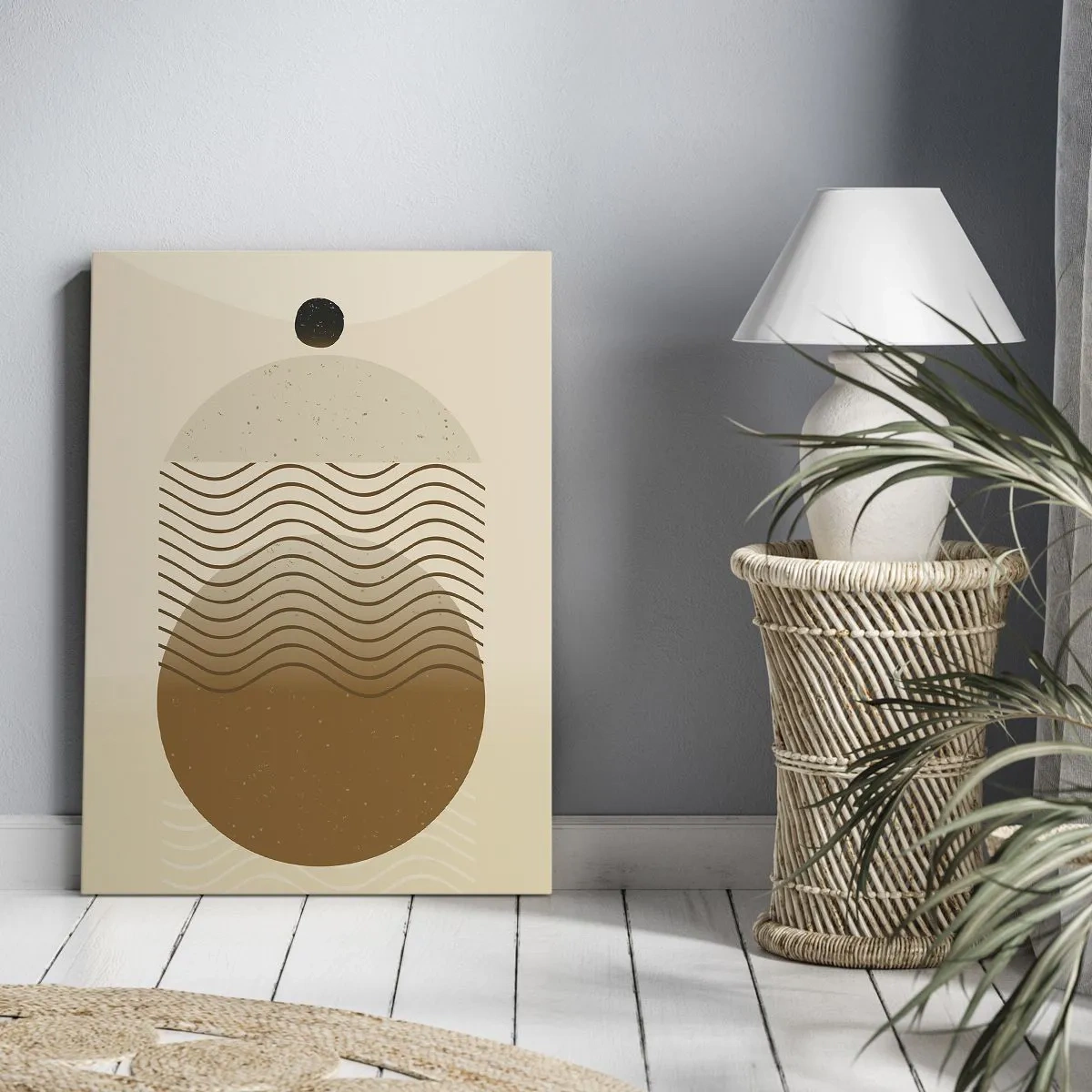 Cuadro sobre lienzo - Impresión de Imagen - Abstracción geométrica con círculos y líneas onduladas en colores cálidos. - 80x120cm - Sobre el origen de las figuras geométricas - Decoración de pared moderna para salón y dormitorio ARTTOR