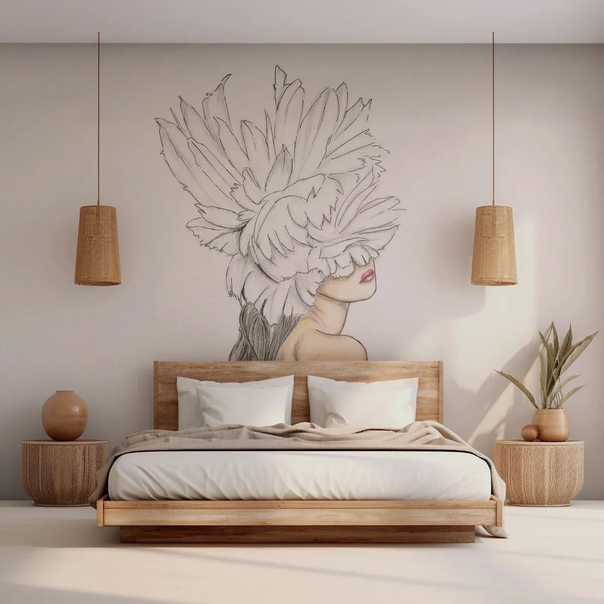 Fotomural Premium Sand - Boceto de una mujer con un tocado de plumas que le cubre los ojos. - 100x70cm - Belleza coronada - Decoración de pared moderna para salón y dormitorio ARTTOR