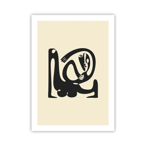 Póster - Figura abstracta sobre fondo beige con líneas negras. - 50x70cm - Casi Picasso - Decoración de pared moderna para salón y dormitorio ARTTOR