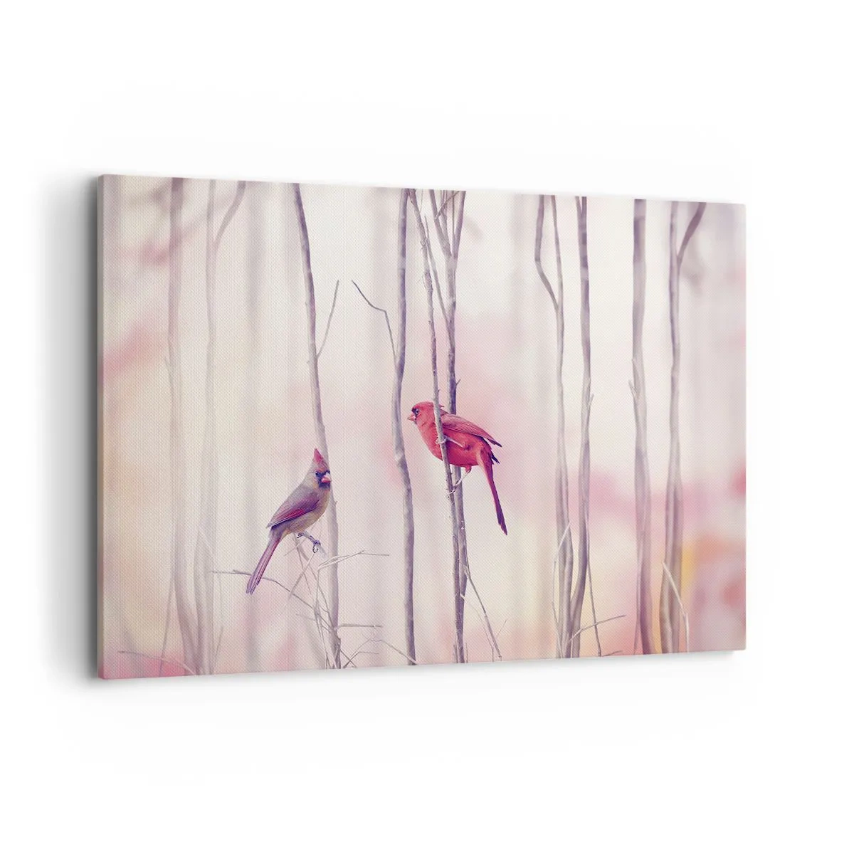 Cuadro sobre lienzo - Impresión de Imagen - Una pareja de cardenales posados en las ramas en un paisaje pastel. - 120x80cm - Historia de un bosque rosa - Decoración de pared moderna para salón y dormitorio ARTTOR