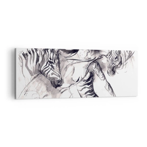 Cuadro sobre lienzo - Impresión de Imagen - Una mujer en una danza dinámica con cebras en una estética en blanco y negro. - 140x50cm - Bailando con las cebras - Decoración de pared moderna para salón y dormitorio ARTTOR