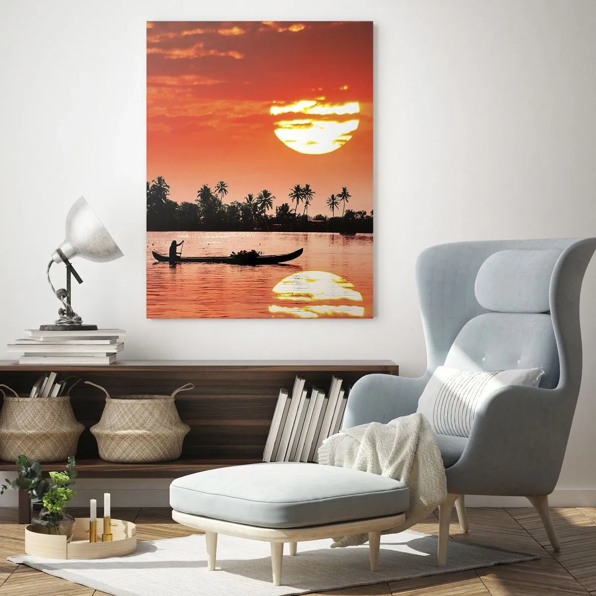 Cuadro sobre vidrio - Impresiones sobre Vidrio - Puesta de sol sobre el río con palmeras y un barco. - 50x70cm - La paz de los trópicos al atardecer - Decoración de pared moderna para salón y dormitorio ARTTOR